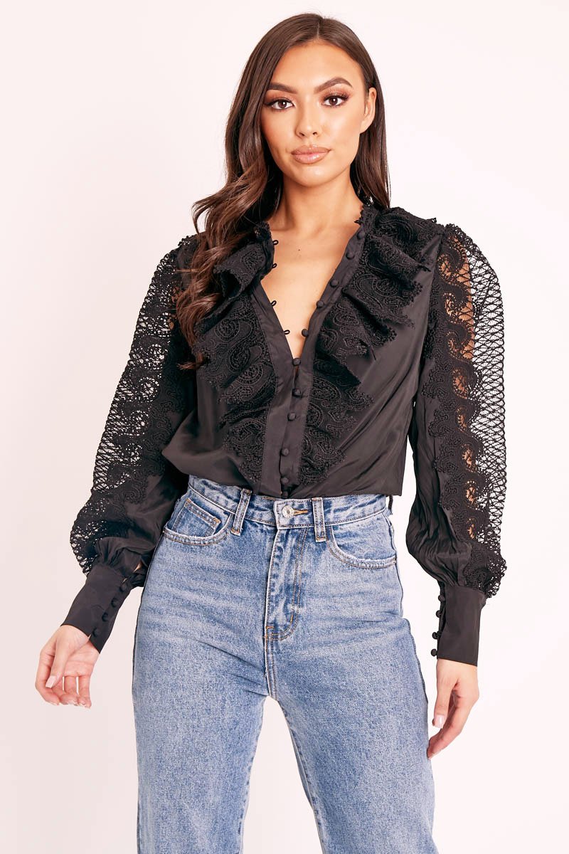 Black Lace Frill Covered Button Up Shirt - Priscila-Shirts