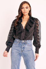Black Lace Frill Covered Button Up Shirt - Priscila-Shirts