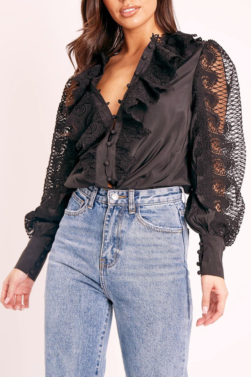 Black Lace Frill Covered Button Up Shirt - Priscila-Shirts
