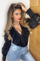 Black Lace Frill Covered Button Up Shirt - Priscila-Shirts