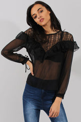 Black Lace Frilled Sheer Top - Linda-Tops