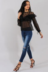 Black Lace Frilled Sheer Top - Linda-Tops
