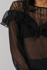 Black Lace Frilled Sheer Top - Linda-Tops