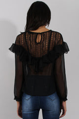 Black Lace Frilled Sheer Top - Linda-Tops