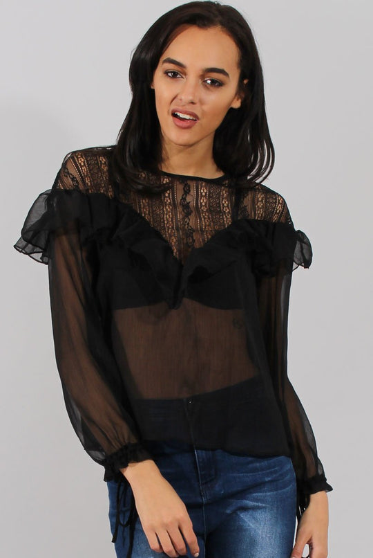 Black Lace Frilled Sheer Top - Linda