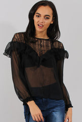 Black Lace Frilled Sheer Top - Linda-Tops