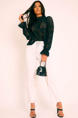 Black Lace High Neck Blouse - Bay-Blouse