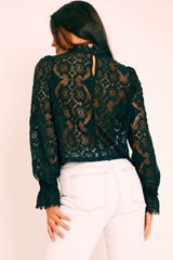 Black Lace High Neck Blouse - Bay-Blouse