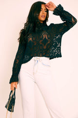 Black Lace High Neck Blouse - Bay-Blouse