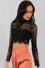 Black Lace High Neck Crop Top - Luanne-Crop Tops