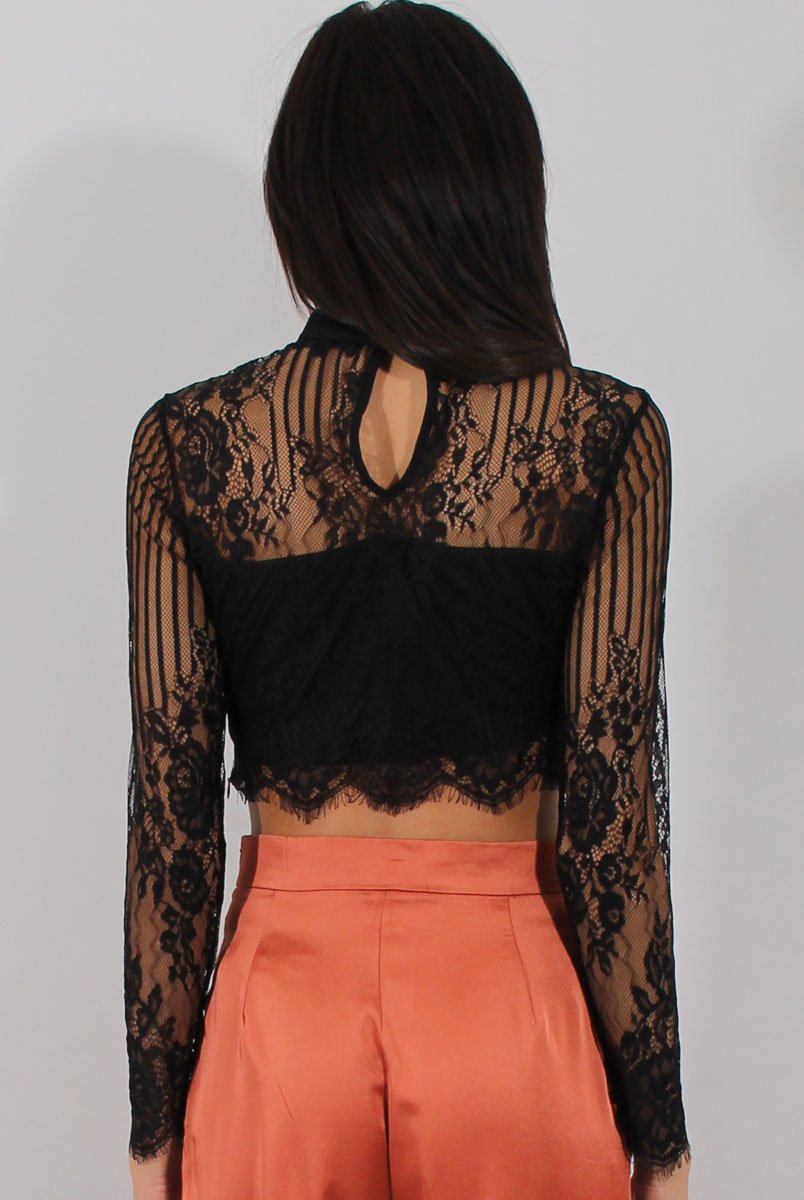 Black Lace High Neck Crop Top - Luanne-Crop Tops
