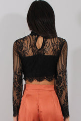 Black Lace High Neck Crop Top - Luanne-Crop Tops
