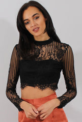 Black Lace High Neck Crop Top - Luanne-Crop Tops