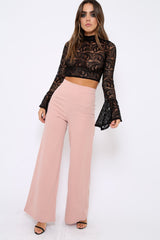 Black Lace High Neck Crop Top with Key Hole Back - Ellah-Tops