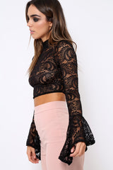 Black Lace High Neck Crop Top with Key Hole Back - Ellah-Tops
