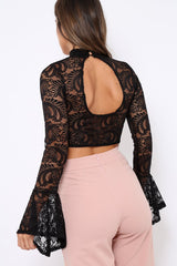 Black Lace High Neck Crop Top with Key Hole Back - Ellah-Tops