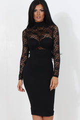 Black Lace High Neck Midi Dress-Neriah-Dresses