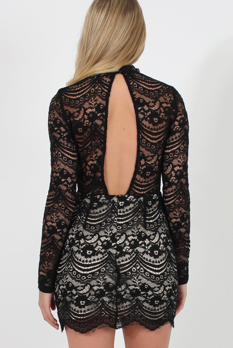 Black Lace High Neck Mini Dress - Taya-Dresses
