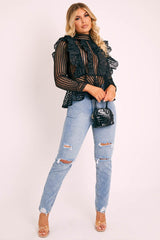 Black Lace High Neck Zip Back Blouse - Abree-Blouse