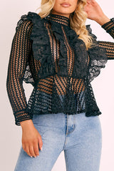 Black Lace High Neck Zip Back Blouse - Abree-Blouse