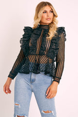Black Lace High Neck Zip Back Blouse - Abree-Blouse