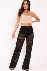 Black Lace High Waist Wide Leg Trousers - Adaline-Trousers