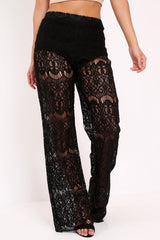 Black Lace High Waist Wide Leg Trousers - Adaline-Trousers