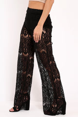 Black Lace High Waist Wide Leg Trousers - Adaline-Trousers