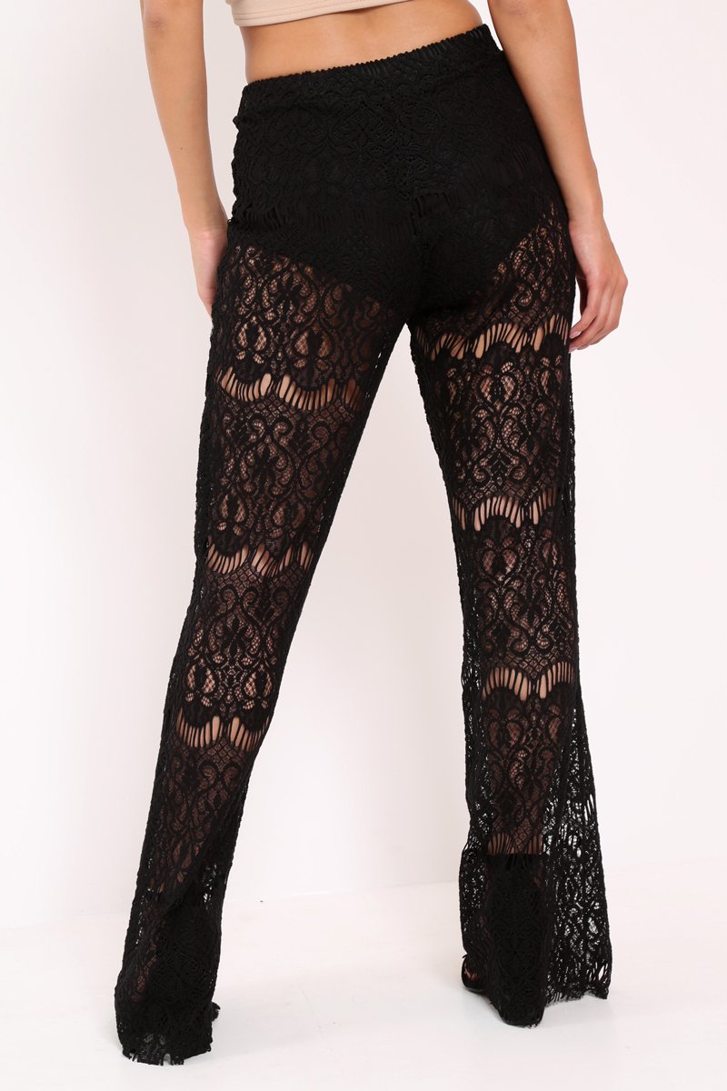 Black Lace High Waist Wide Leg Trousers - Adaline-Trousers