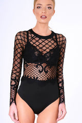 Black Lace Long Sleeve Bodysuit - Kirsty-Bodysuits