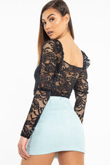 Black Lace Long Sleeve Puff Sleeve Crop Top - Gwynn-Crop Tops