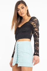 Black Lace Long Sleeve Puff Sleeve Crop Top - Gwynn-Crop Tops