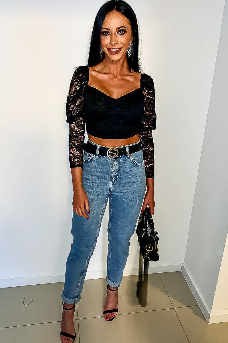 Black Lace Long Sleeve Puff Sleeve Crop Top - Gwynn-Crop Tops