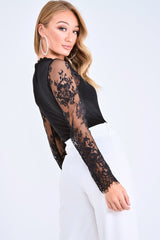 Black Lace Mesh Insert Plunge Bodysuit - Taylen-Bodysuits