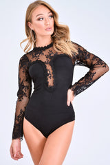 Black Lace Mesh Insert Plunge Bodysuit - Taylen-Bodysuits