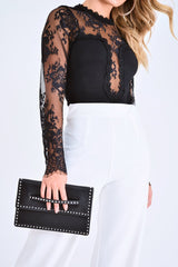 Black Lace Mesh Insert Plunge Bodysuit - Taylen-Bodysuits