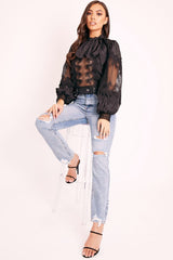 Black Lace Panel Neck Tie Blouse - Ophia-Blouse