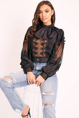 Black Lace Panel Neck Tie Blouse - Ophia-Blouse