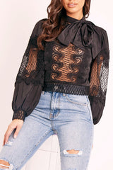 Black Lace Panel Neck Tie Blouse - Ophia-Blouse