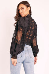 Black Lace Panel Neck Tie Blouse - Ophia-Blouse