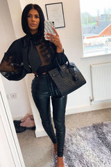 Black Lace Panel Neck Tie Blouse - Ophia-Blouse