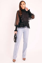 Black Lace Panel Net Sleeve Jumper - Dalila-Jumper