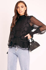 Black Lace Panel Net Sleeve Jumper - Dalila-Jumper