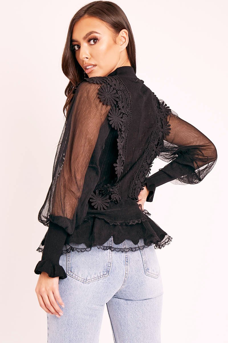 Black Lace Panel Net Sleeve Jumper - Dalila-Jumper