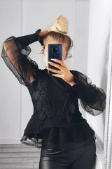 Black Lace Panel Net Sleeve Jumper - Dalila-Jumper
