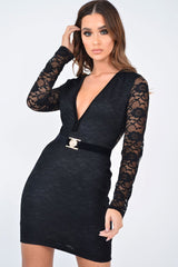 Black Lace Plunge Belted Mini Dress - Romi-Dresses