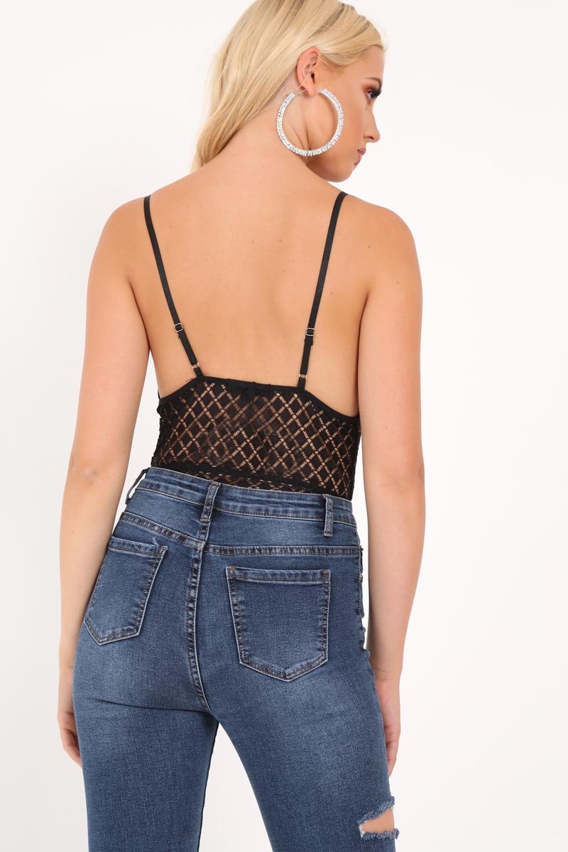 Black Lace Plunge Bodysuit - Paola-Bodysuits