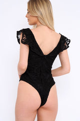 Black Lace Plunge Frill Bodysuit - Maelani-Bodysuits