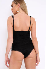 Black Lace Plunge Front Padded Bodysuit - Kaarla-Bodysuits