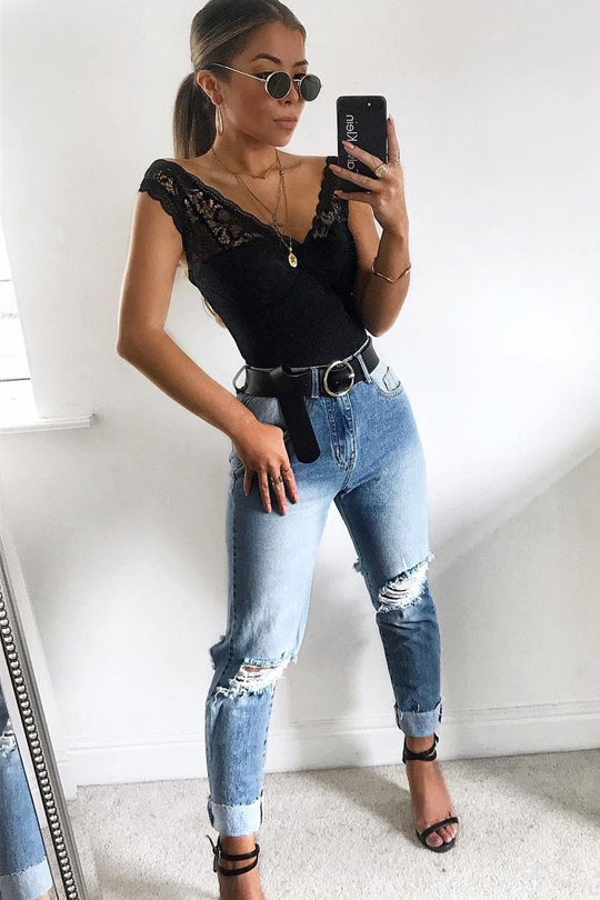 Black Lace Plunge Front Padded Bodysuit - Kaarla